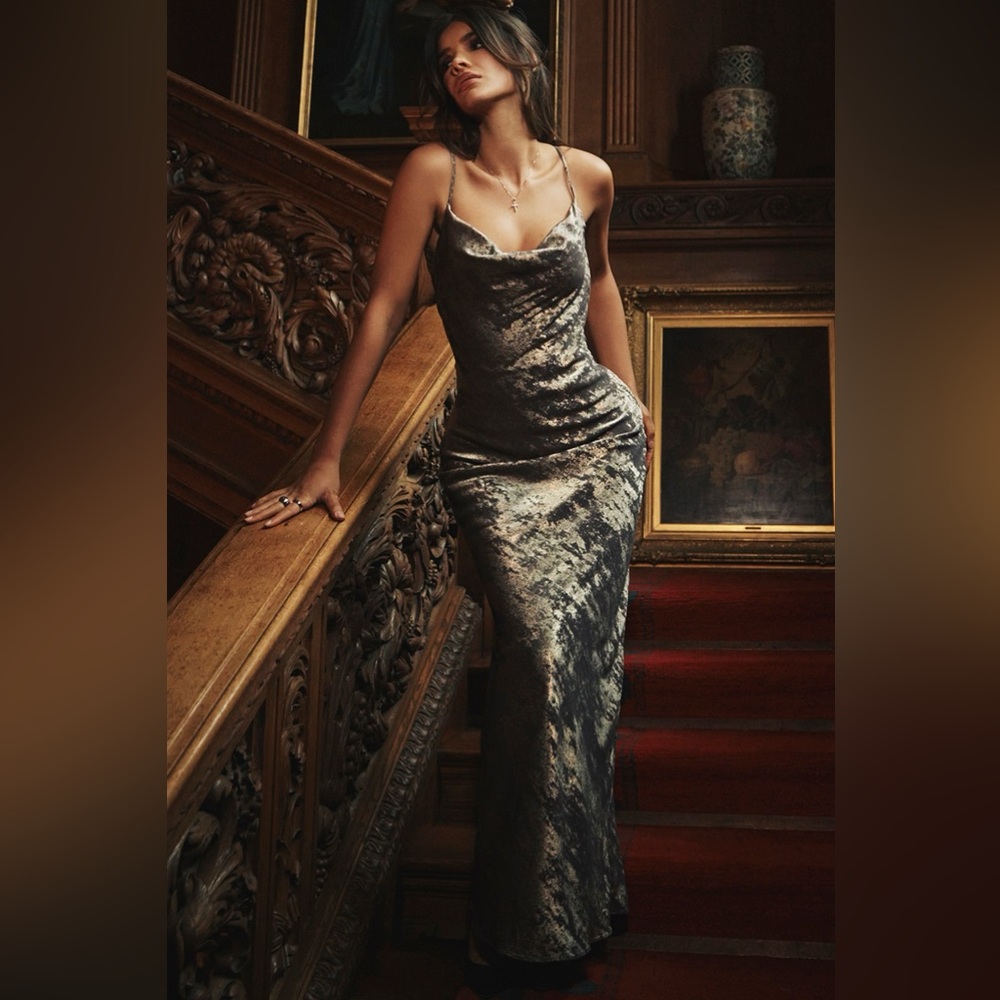 House of CB Gabrielle Pewter Satin Maxi Dress
